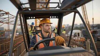 Aufkleber - Construction worker wearing safety helmet and vest, operating heavy machinery on a construction site, focusing on his work amidst the bustling activity