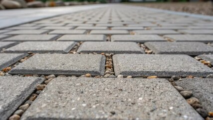 Poster - Paving stones road perspective gradually moving forward, focusing on the texture and arrangement of the gray square blocks with small gravel filling the gaps