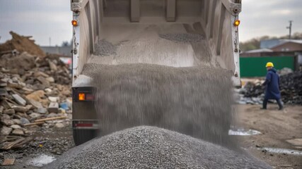 Poster - Large dump truck unloading gravel, forming rocky pile at active construction site, construction worker walking near heavy machinery during daytime infrastructure project