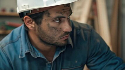 Poster - Experienced construction professional wearing protective hardhat and denim shirt, carefully reviewing architectural blueprint with concentrated precision in workshop environment