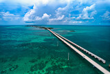 Aerial Drone image of the Seven Mile, 7-Mile bridge spanning the clear turquoise waters of the tropical Florida Keys on the way to Key West