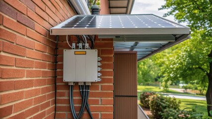Aufkleber - Solar panel converting sunlight into electricity, generating renewable energy on brick wall of residential building, supporting sustainable living and green energy efficiency