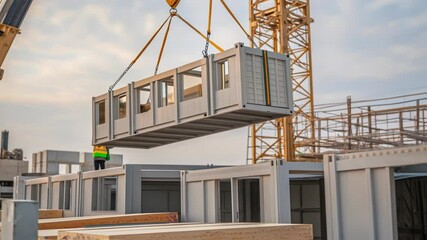 Aufkleber - Construction workers positioning prefabricated modular unit using crane on building site, creating sustainable and efficient housing solution