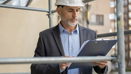 Poster - Architect wearing suit and hardhat takes notes on clipboard while talking to construction worker wearing overalls and hardhat during building inspection on scaffolding