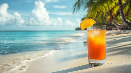 Poster - Sipping a refreshing cocktail with a slice of citrus on a warm sandy beach, the lush palm trees sway gently in the seaside breeze, inviting relaxation and blissful moments