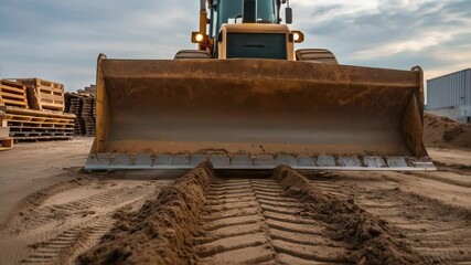 Poster - Heavy machinery operating on a construction site, pushing sand with its front blade, creating a path through the terrain, showcasing the process of land preparation