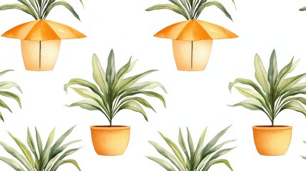 Poster - Watercolor Pattern of Green Plants and Orange Lamps for Interior Design Inspiration