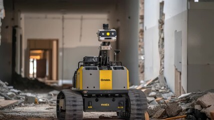 Aufkleber - Autonomous tracked robot inspecting a damaged building after a disaster, moving through debris and rubble, assessing the structural integrity and safety