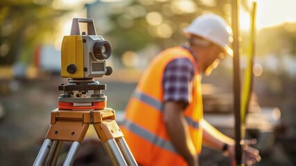 Poster - Skilled surveyor measuring land using advanced theodolite at golden hour construction site, capturing precision of professional geospatial work with cutting edge survey equipment