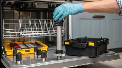 Poster - Close up of a technician wearing blue gloves adjusting the height of a dishwasher leg using a specialized tool, demonstrating the process step by step inside a modern kitchen
