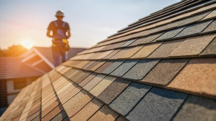 Aufkleber - professional roofer carefully walking across newly shingled roof during golden sunset, meticulously 