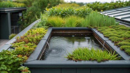 Poster - Lush rooftop garden features a tranquil water feature, creating a serene and eco friendly urban retreat, promoting sustainable architecture and enhancing biodiversity