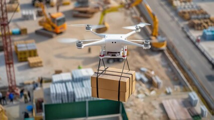 Aufkleber - Innovative delivery system using a drone transporting a cardboard box across a busy construction site, showcasing the future of logistics and efficiency in the industry