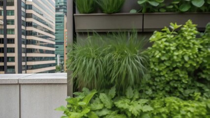Poster - Urban rooftop garden displaying verdant plants, transforming concrete environments with sustainable agriculture while bringing natural greenery into metropolitan skylines