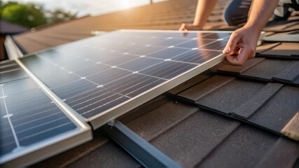 Aufkleber - Skilled technician carefully positions and secures a photovoltaic solar panel onto a rooftop, harnessing renewable energy for a sustainable future