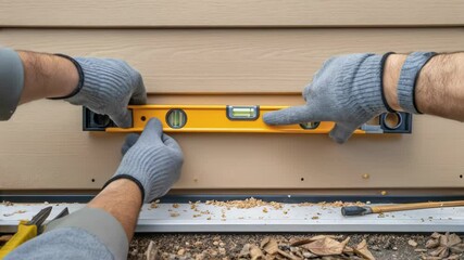 Aufkleber - Construction worker carefully leveling exterior siding, meticulously checking horizontal alignment using spirit level and making precise adjustments during home renovation process
