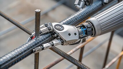 Aufkleber - Precision robotic arm positioning steel reinforcement bar with mechanical accuracy, highlighting advanced automation within modern construction engineering process
