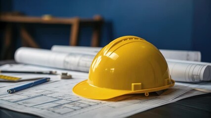 Aufkleber - Engineering concept with yellow safety helmet resting on a blueprint in an architect's office, suggesting workplace safety and construction planning