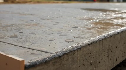 Aufkleber - Water droplets beading and accumulating on smooth concrete surface, highlighting natural water resistance and hydrophobic properties of construction material