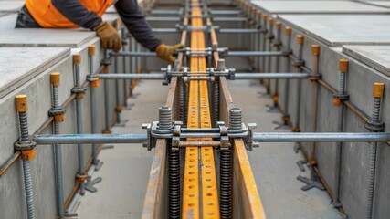 Poster - Construction worker meticulously adjusts metal formwork, ensuring precise alignment and stability for an upcoming concrete pour, showcasing attention to detail in building a solid foundation