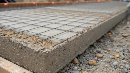 Aufkleber - Concrete construction process revealing freshly poured foundation slab drying, reinforced with wire mesh, resting on gravel base and framed by wooden formwork boards