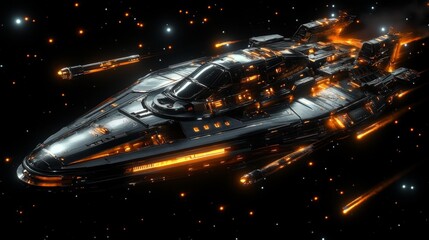 Wall Mural - Sleek Sci-Fi Spaceship Flying Through Space with Fiery Lights and Futuristic Design. Generative AI