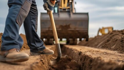 Poster - Construction worker digging a ditch on a construction site, using a shovel with an excavator in the background, throwing dirt out of the trench