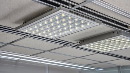 Fototapete - Square led ceiling panel lights cycling on and off, gradually illuminating contemporary office workspace with bright, uniform white lighting technology