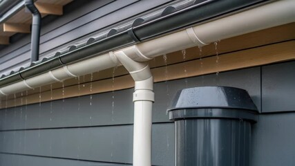 Poster - Rainwater flows from a roof gutter into a drainpipe attached to the exterior wall of a house, showcasing effective water management during rainfall