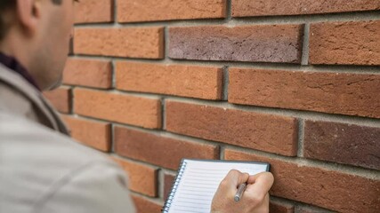 Fototapete - Professional inspector examines a brick wall, carefully taking notes in his notebook, ensuring construction quality and adherence to standards