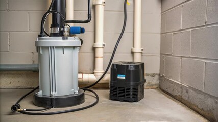 Poster - Industrial sewage pump with control unit positioned in concrete basement corner, featuring exposed piping and robust water management infrastructure for residential property maintenance system
