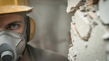 Poster - Construction worker wearing safety helmet, ear protection, and respirator uses a jackhammer to drill a concrete wall, creating dust and debris