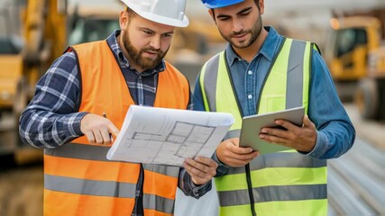 Aufkleber - Two construction workers, wearing safety vests and hardhats, collaborate on a project, comparing a blueprint and a tablet at a building site with heavy machinery in the background