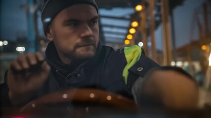 Poster - Port worker maneuvering a crane at night, focused on his job inside the control cabin, illuminated by the lights of the machinery and the port