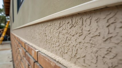 Aufkleber - Construction workers are applying a textured finish to a house's exterior wall, showcasing the process of creating a decorative plaster effect