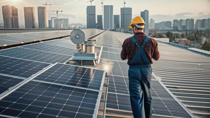 Aufkleber - Professional engineer wearing overalls and hardhat walks on rooftop with solar panels and uses digital tablet, checking their condition and performance against the backdrop of modern city skyline