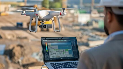 Poster - Professional architect navigating drone over construction site, reviewing digital blueprint on laptop screen while monitoring project development and site progress
