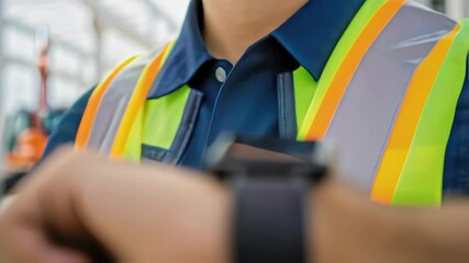 Aufkleber - Construction worker wearing safety vest looking at smartwatch at construction site, checking time, managing schedule, and ensuring project efficiency