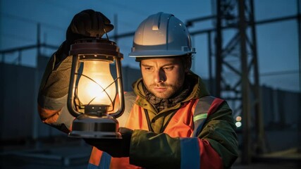 Aufkleber - Serious electrical worker wearing safety helmet and high visibility jacket holding an oil lamp, inspecting infrastructure in an electrical substation at dusk