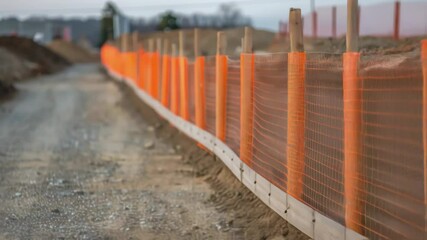 Poster - Construction site safety net waving in the wind, protecting a dirt road and preventing falls and accidents, ensuring worker and public safety
