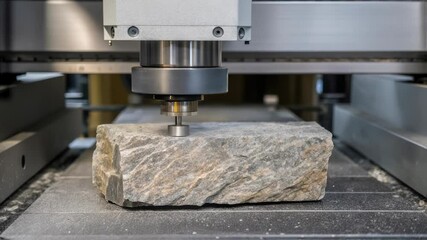 Aufkleber - Robotic arm processing raw stone block on factory floor, highlighting precision engineering and advanced manufacturing technology for industrial production