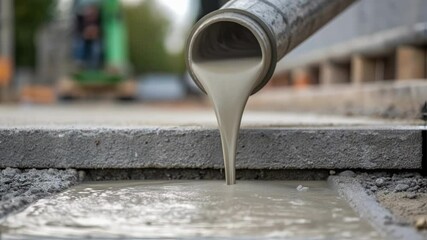 Aufkleber - Steady cement streaming through industrial pipe, filling square wooden formwork with glistening liquid concrete surface during construction process