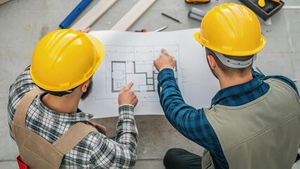 Poster - Two construction workers wearing hard hats are sitting on the floor of a construction site, examining a blueprint and pointing at different areas, discussing the project
