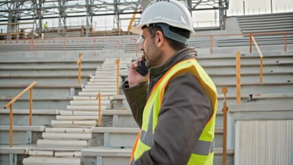 Poster - Construction engineer wearing a safety helmet and vest communicates on his phone while inspecting a stadium building site, ensuring smooth progress and coordination among the team