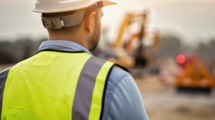 Aufkleber - Construction engineer wearing safety vest and helmet uses tablet to monitor progress on building site with heavy machinery operating in background during sunset