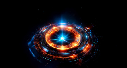Poster - Glowing circular structure with layered rings in vibrant orange and blue hues against a dark backdrop. Futuristic, abstract, and luminous design element.