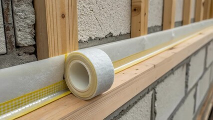 Aufkleber - Professional builders carefully install waterproofing membrane and tape on wooden beams during a house renovation project, ensuring proper insulation and protection against moisture