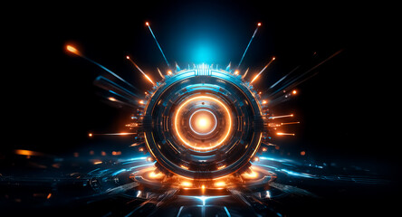 Aufkleber - A futuristic glowing circular object emits vibrant orange and blue light rays against a dark backdrop.  The design suggests advanced technology or energy core.
