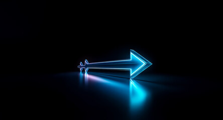 Aufkleber - A glowing neon arrow pointing right is reflected on a dark, shiny surface. The image evokes a sense of direction and futuristic technology with its vibrant blue light against the black backdrop.