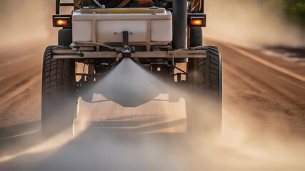Poster - Agricultural vehicle methodically spraying water across dusty rural road, effectively controlling dust clouds and enhancing visibility for safer ground transportation